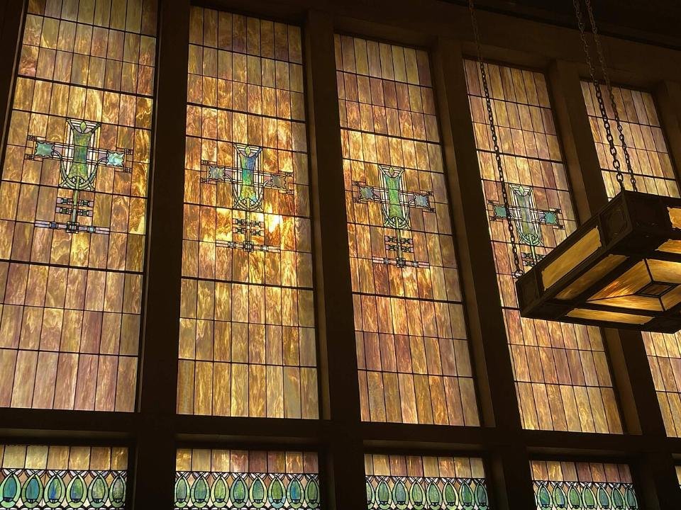 Stained-glass windows inside Louis Sullivan's 1914 Merchants' National Bank in downtown Grinnell, Iowa